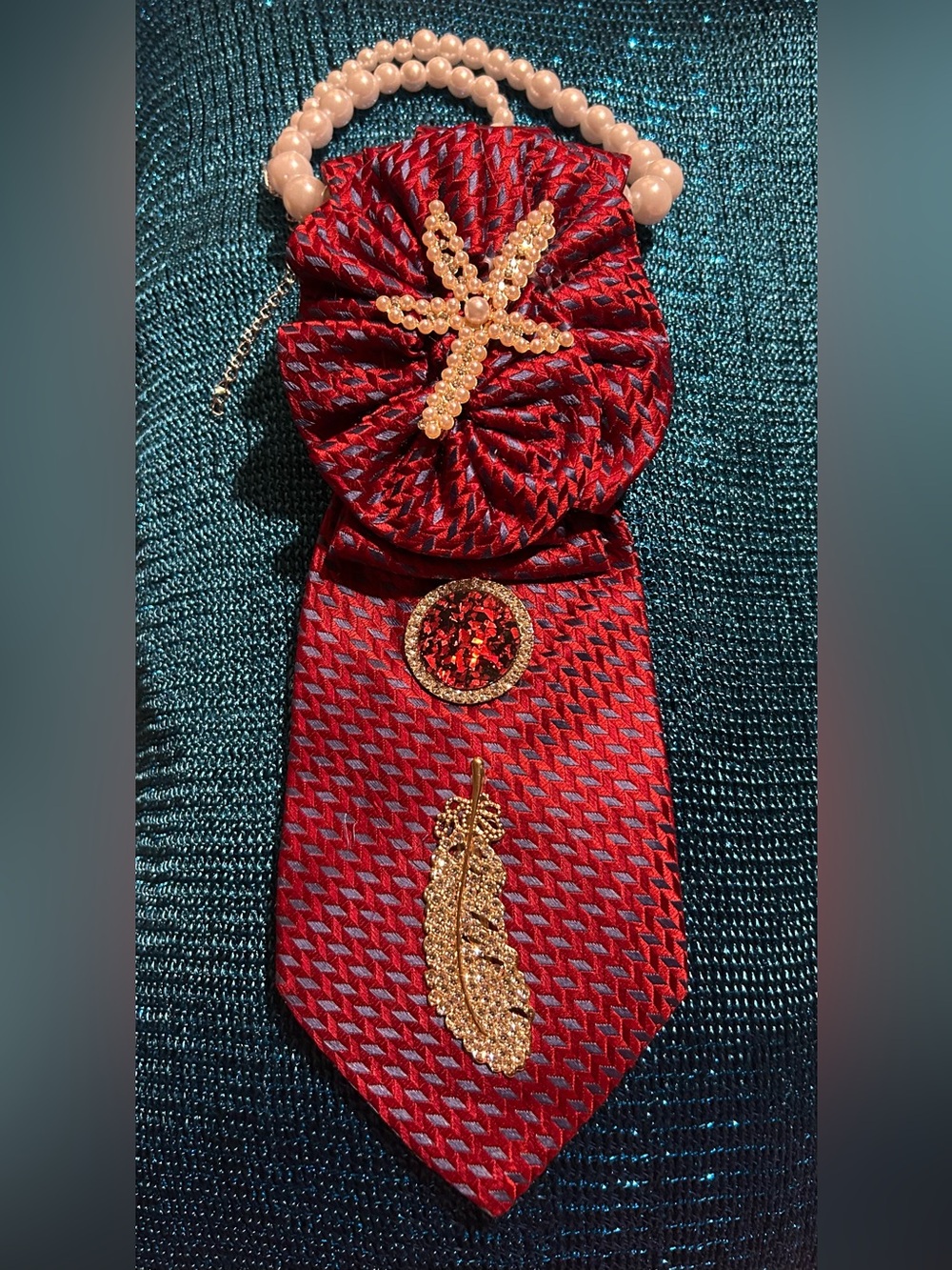 Red Textured Tie with Gold Embellishments